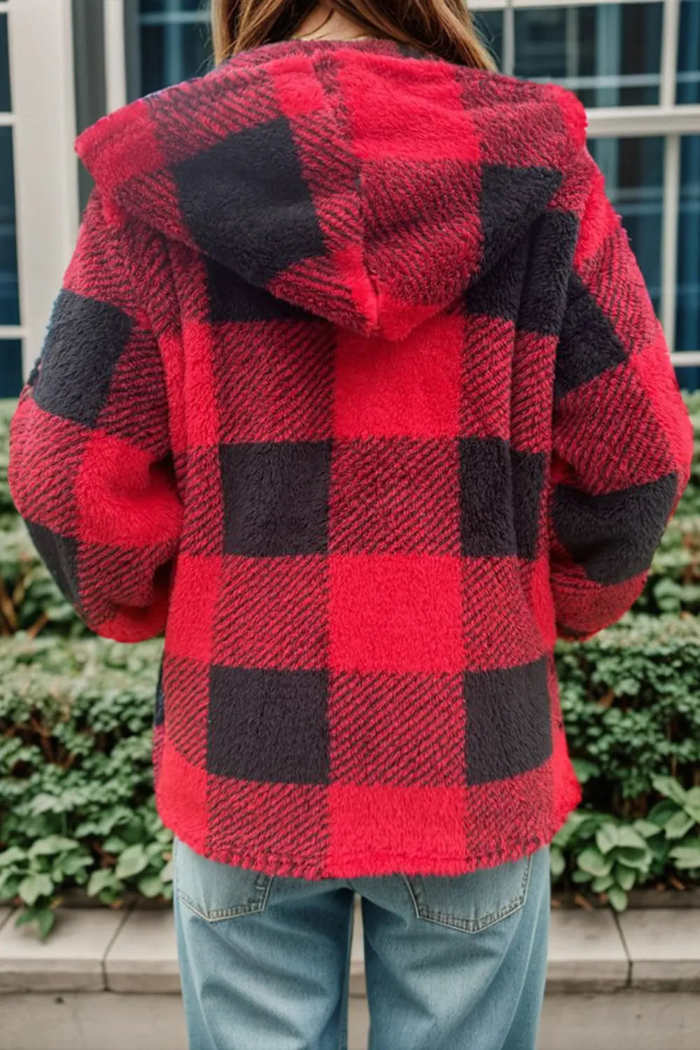 Double Take Full Size Plaid Long Sleeve Hooded Coat - Image #2