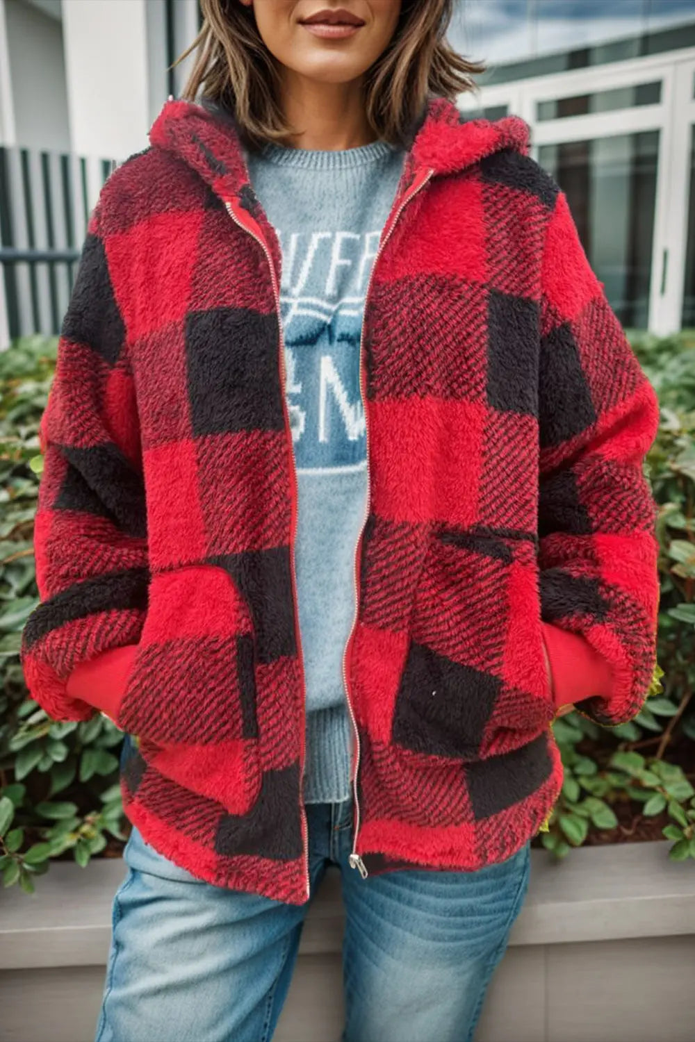 Double Take Full Size Plaid Long Sleeve Hooded Coat - Image #3