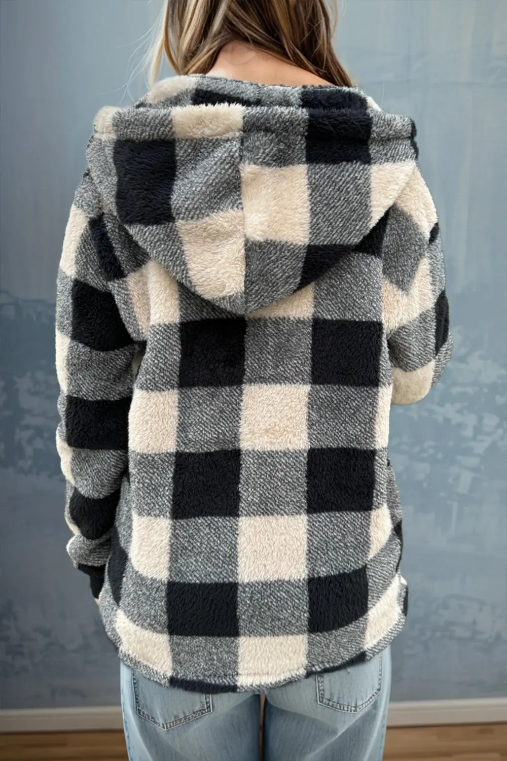 Double Take Full Size Plaid Long Sleeve Hooded Coat - Image #10