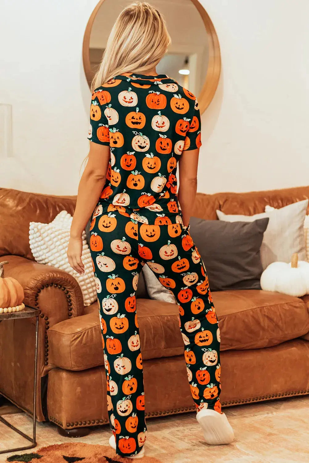 Pumpkin Printed Short Sleeve Top and Pants Lounge Set - Image #2