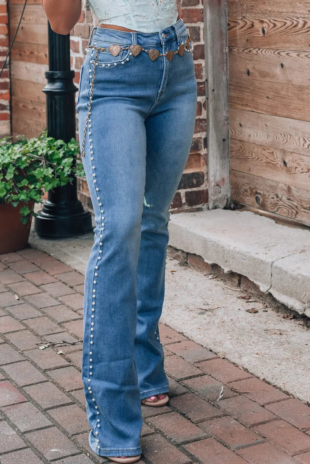 Pearl Trim High Waist Bootcut Jeans - Image #2