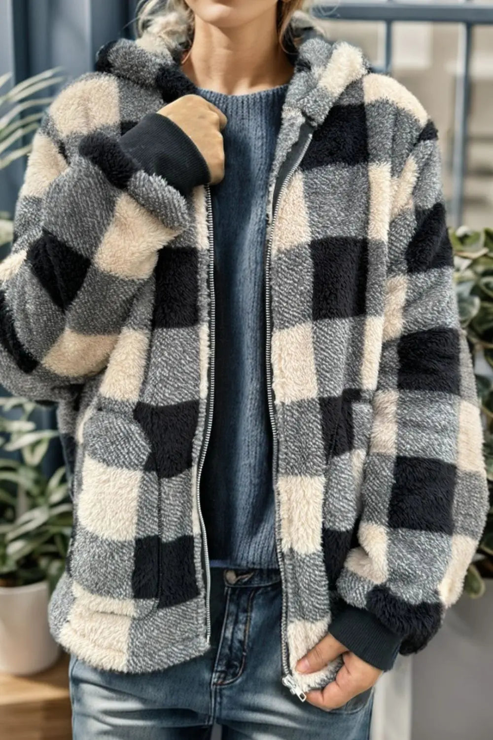 Double Take Full Size Plaid Long Sleeve Hooded Coat - Image #9