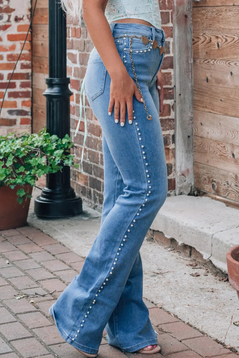 Pearl Trim High Waist Bootcut Jeans - Image #3