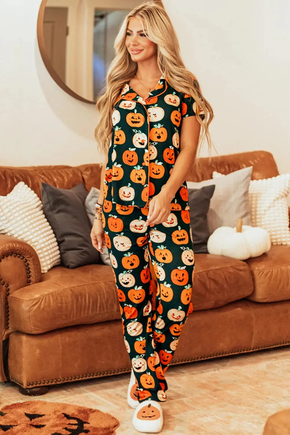 Pumpkin Printed Short Sleeve Top and Pants Lounge Set - Image #3