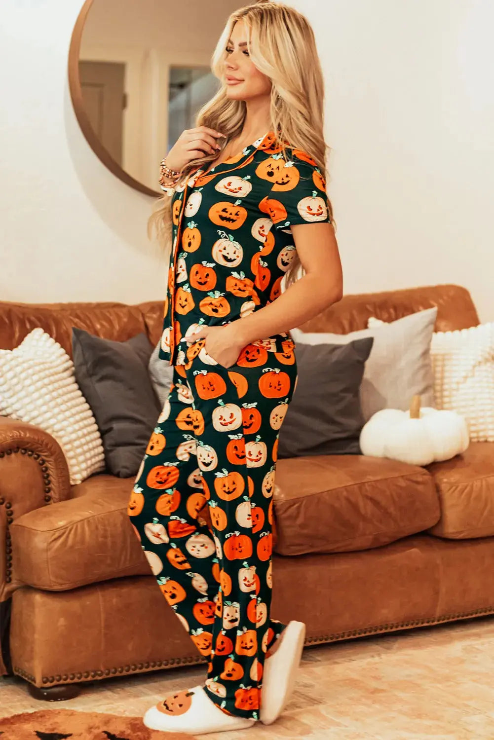 Pumpkin Printed Short Sleeve Top and Pants Lounge Set - Image #4