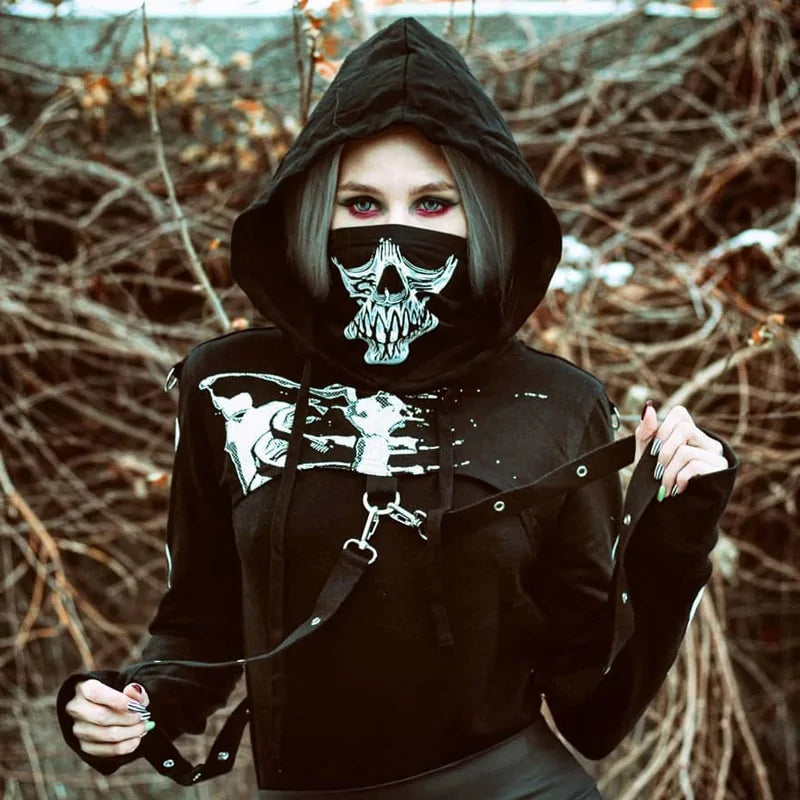 Hoodies Women Black Skeleton Print