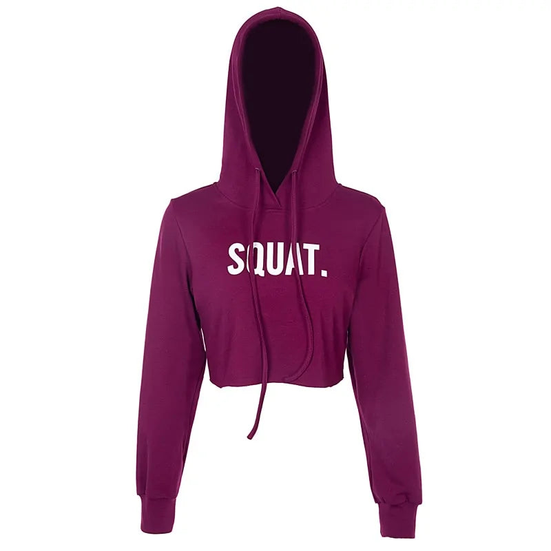 InstaHot Letter Print SQUAT Hoodies Women's Autumn Crop Tops