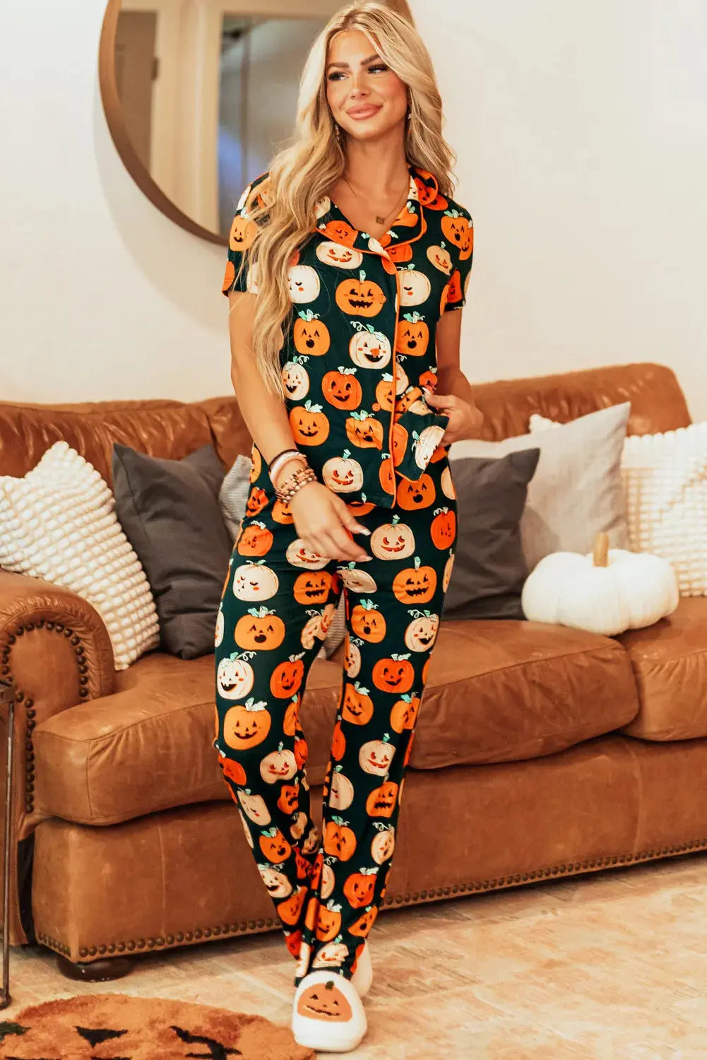 Pumpkin Printed Short Sleeve Top and Pants Lounge Set - Image #5