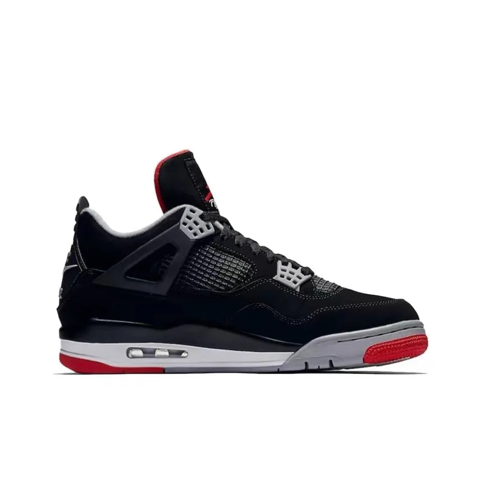 Original Air Jordan 4 Retro Bred Bull Anti-Slip Wear-resistant Retro Basketball Shoes Black and Red Men's Shoes