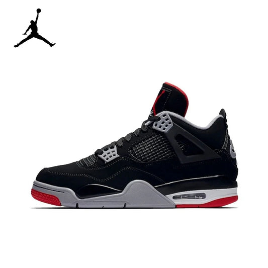 Original Air Jordan 4 Retro Bred Bull Anti-Slip Wear-resistant Retro Basketball Shoes Black and Red Men's Shoes