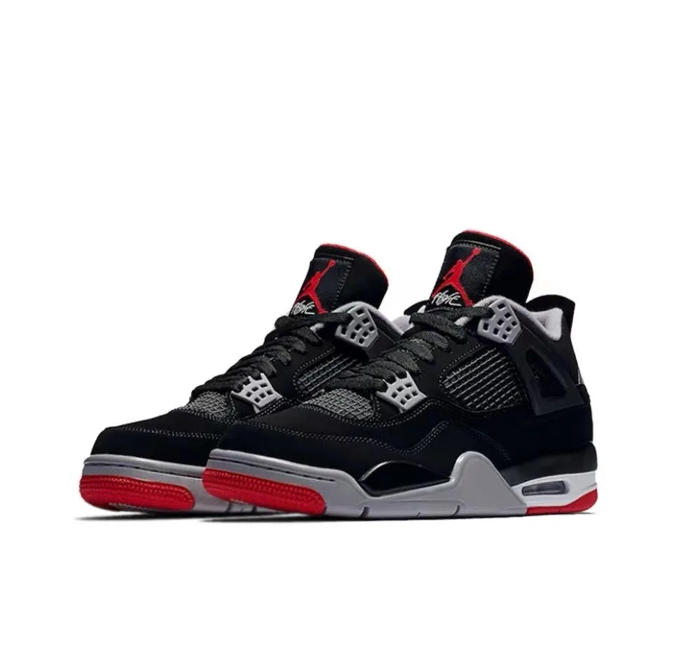 Original Air Jordan 4 Retro Bred Bull Anti-Slip Wear-resistant Retro Basketball Shoes Black and Red Men's Shoes