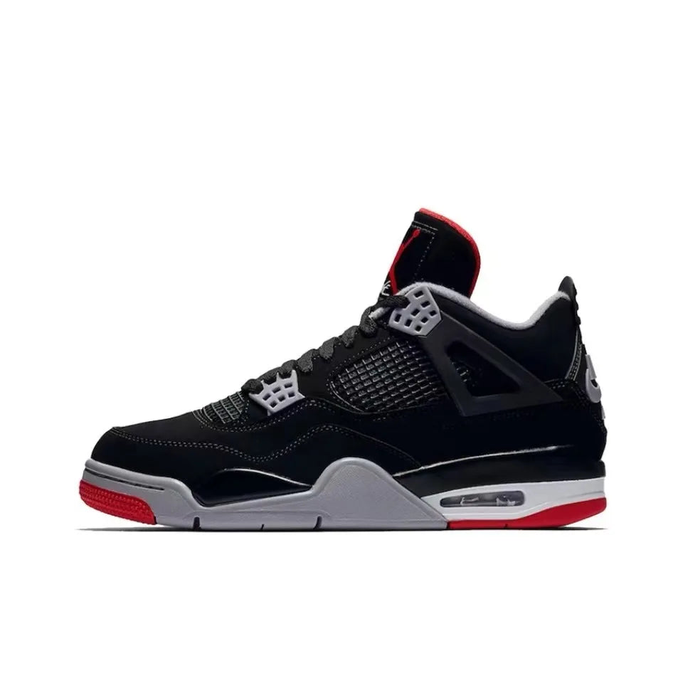 Original Air Jordan 4 Retro Bred Bull Anti-Slip Wear-resistant Retro Basketball Shoes Black and Red Men's Shoes