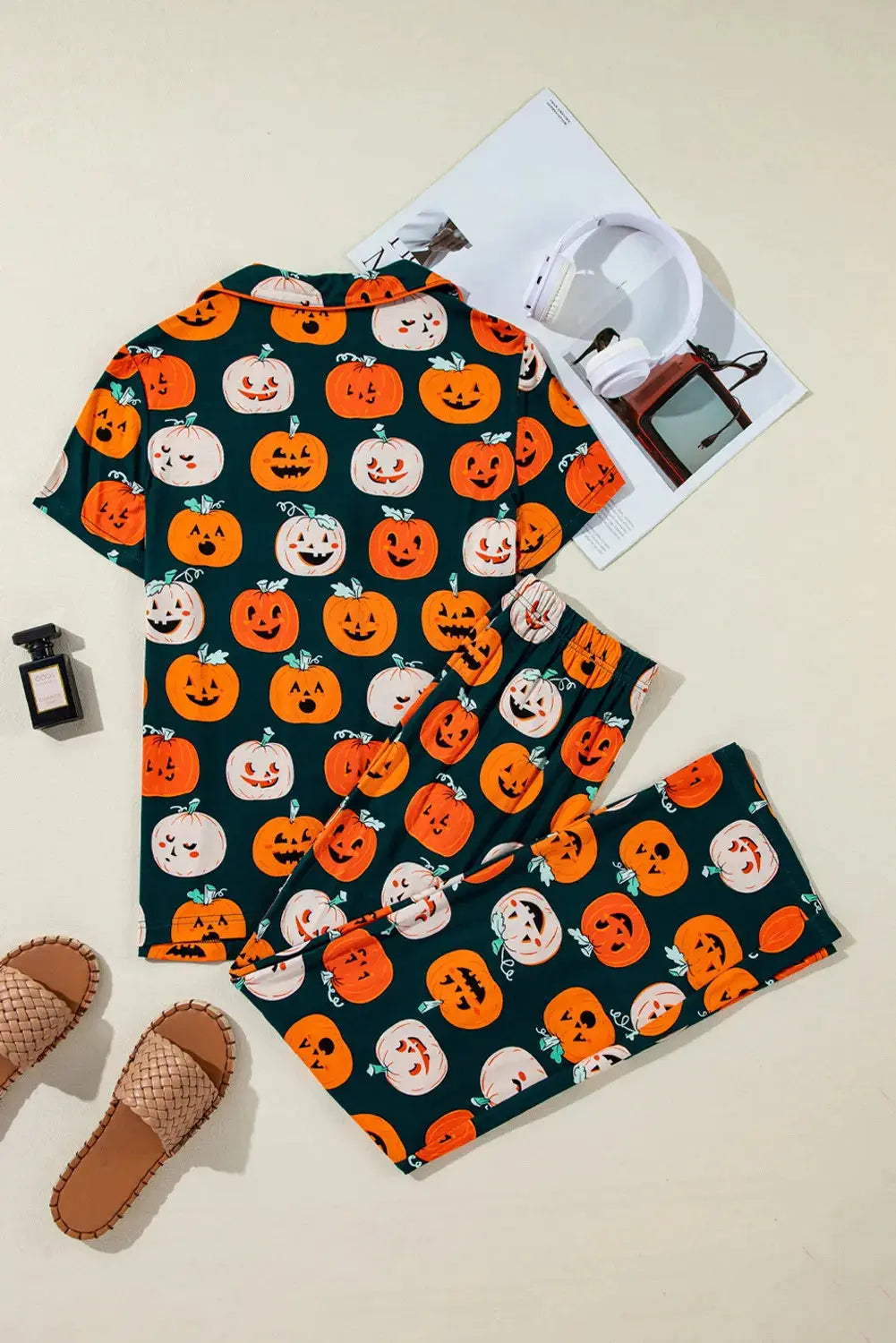 Pumpkin Printed Short Sleeve Top and Pants Lounge Set - Image #7