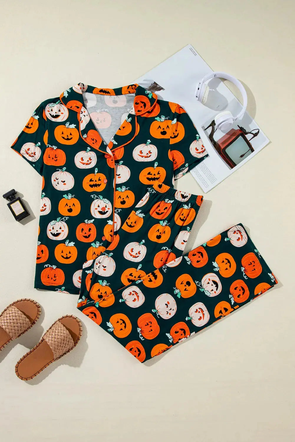 Pumpkin Printed Short Sleeve Top and Pants Lounge Set - Image #6