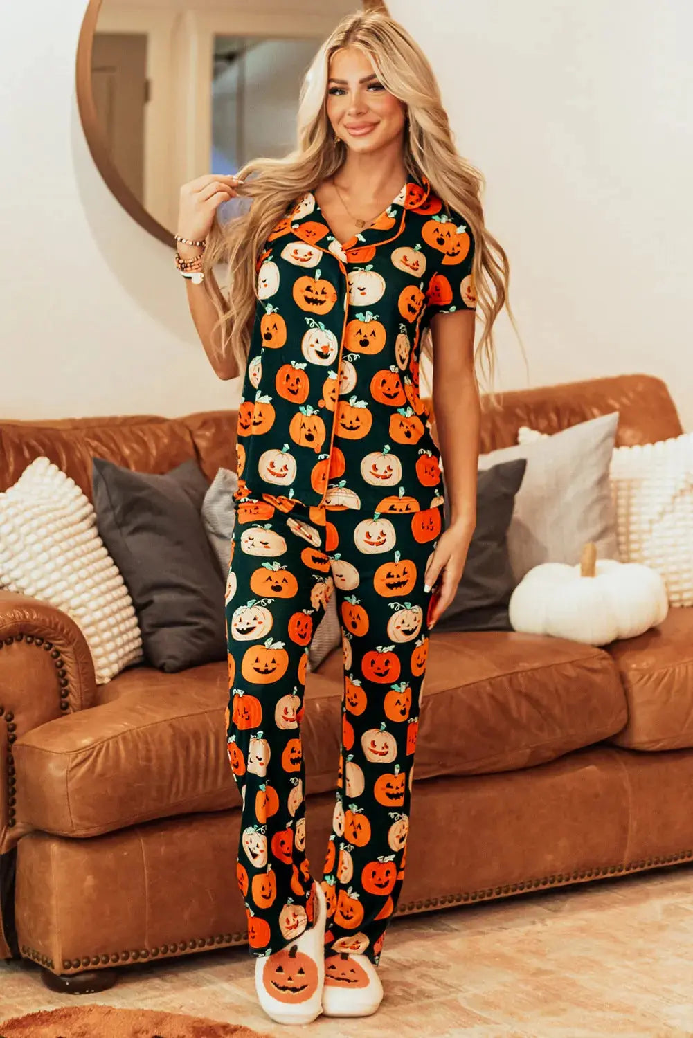 Pumpkin Printed Short Sleeve Top and Pants Lounge Set - Image #1