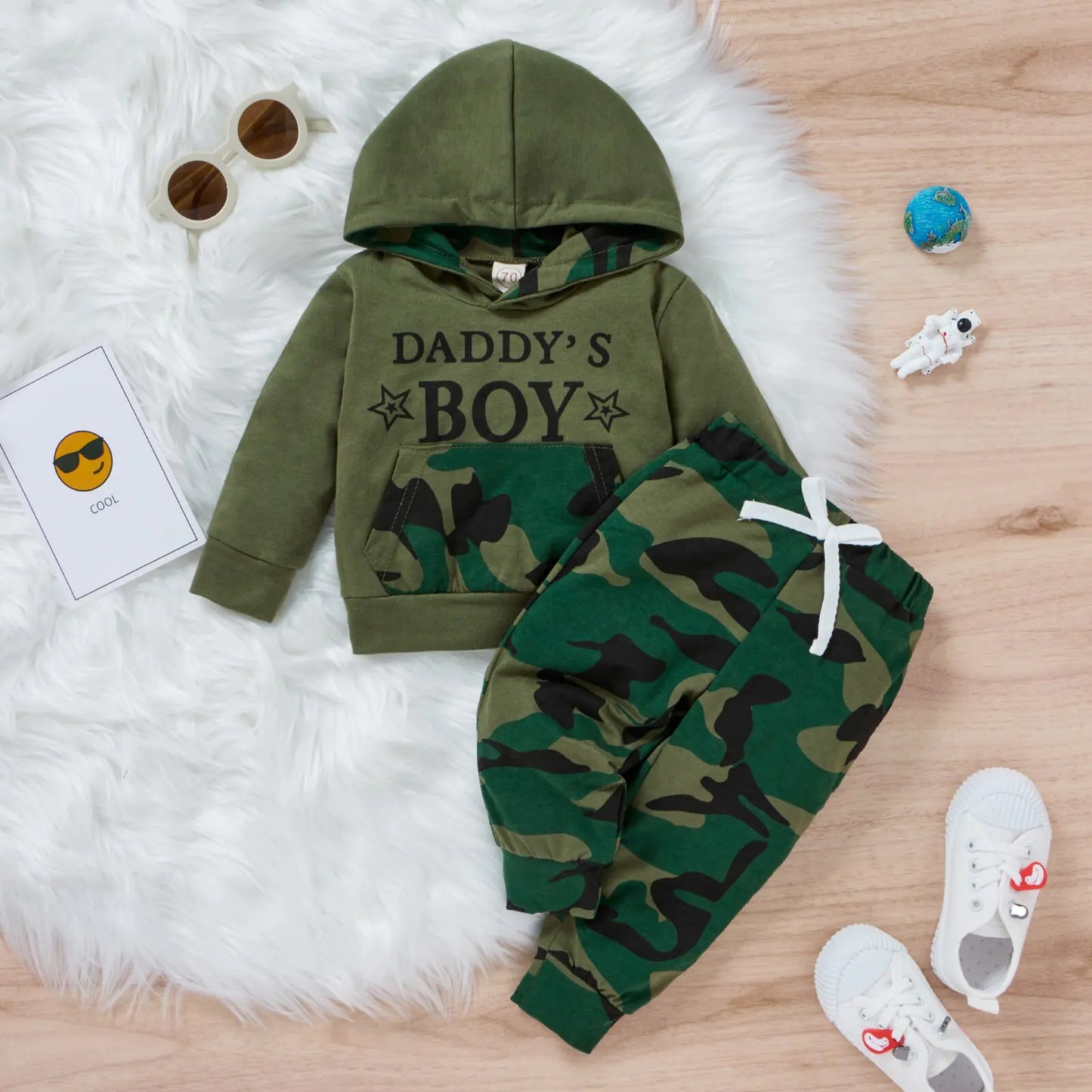 2Pcs Autumn Clothing Set Long Sleeve Letter Printed Hooded Top Camou Pants